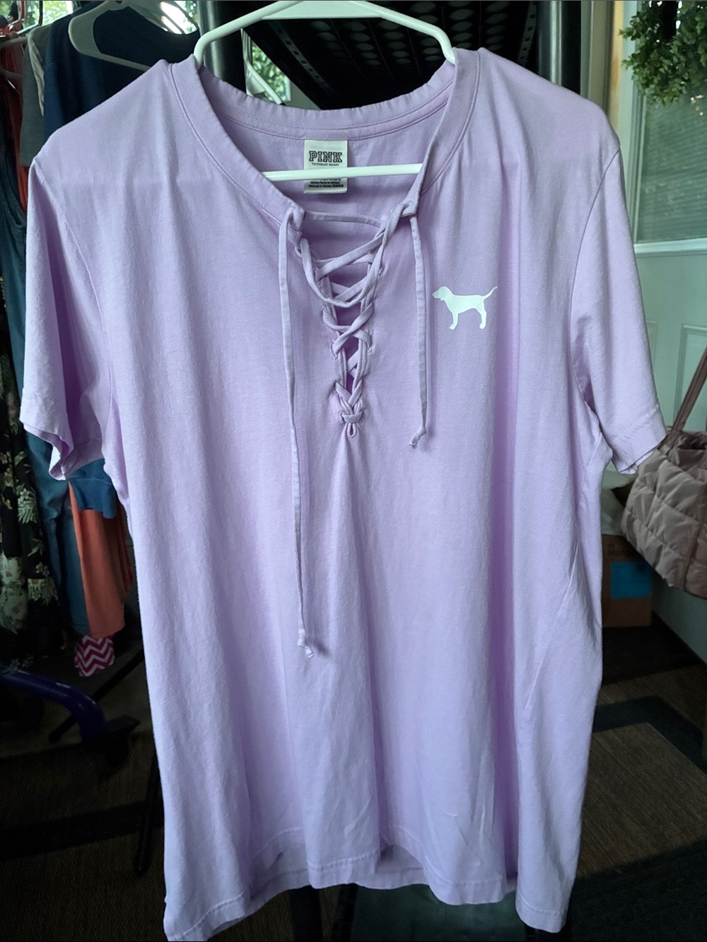 PINK Victoria's Secret Lavender Lace-Up oversized V-Neck Short Sleeve Tee